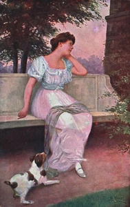 Firmado por artista Fr. Postal victoriana Klimes dama con su perro vintage C267 - Imagen 1 de 2