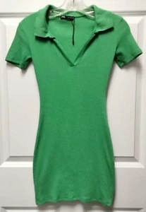 Womens Zara Polo Shirt Dress S Small Green Cotton Stretch V-Neck Short Sleeves - Picture 1 of 3