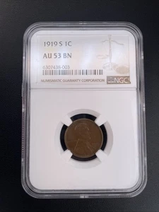 1919-S Lincoln Wheat Cent NGC AU-53 BN 1c Brown Wheat Penny - Picture 1 of 6