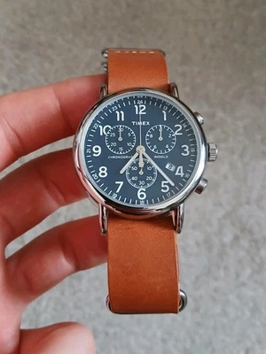 Timex Weekender Blue Chronograph Indiglo Watch Leather Strap TW2R63200 New - Image 1 of 4