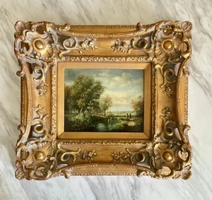 Paisaje Óleo Sobre Tabla 3” Grueso Estilo Barroco Ornamentado Marco Dorado 17”x19” Firmado - Imagen 1 de 16
