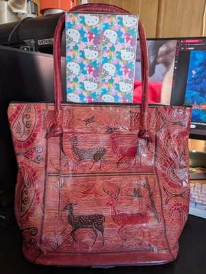 Handmade Leather Tote Bag Womens Red Boho Embossed Deer Scene Artisan Purse - Image 1 of 4