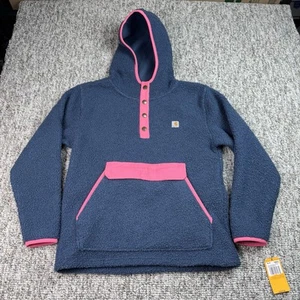 Carhartt Sherpa Fleece Hooded Blue Pink 1/2 Snap Pullover Sweatshirt Kids XL-14 - Picture 1 of 12