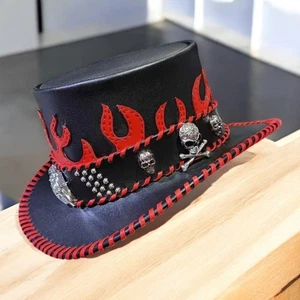 Black Leather Top Hat Red Flames Gothic Steampunk Skull Studded Hat - Picture 1 of 6