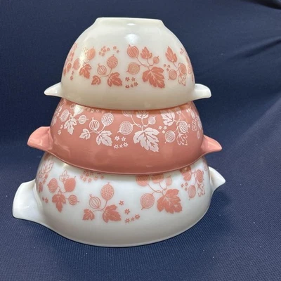 Vintage Old Pyrex Pink Gooseberry Cinderella Mixing Bowls Set of 3 - Image 1 of 4