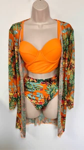 Womens Multicolor 3 Piece Sets Floral Swimsuit Push-Up Bikini Cover-Up Medium - Picture 1 of 16