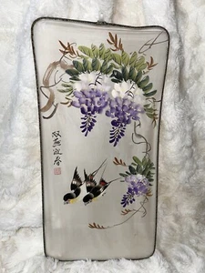 VTG Chinese Original Watercolor Blossom Birds Swallows Silk Painting Wire Frame - Picture 1 of 12
