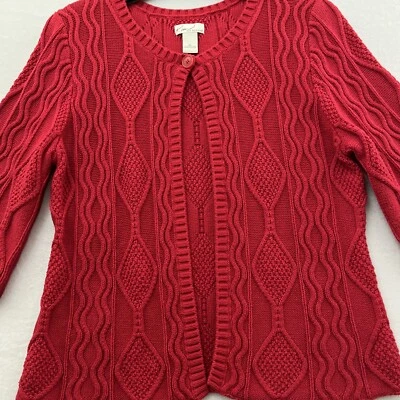 Kim Rogers Cardigan Women Size XL Red Cable Knit Single Button 3/4 Bell Sleeve - Image 1 of 4