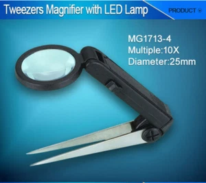 1 pz 10x ingrandimento mini pinzetta pieghevole con clip luce LED vetro ingrandimento - Foto 1 di 7