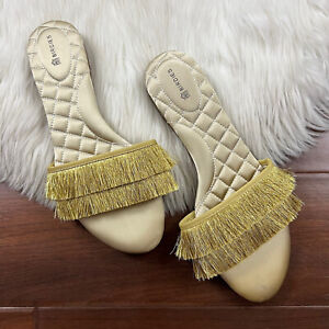 Birdies Women's Size 8.5 Gold Fringe The Sparrow Slippers Slides Sandals Shoe