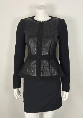 Rebecca Taylor Women’s Solid Black Zip-Up Jacket Quilted Leather Panels Sz 2 - Image 1 of 4