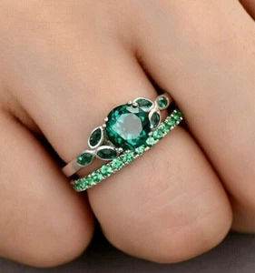 2Ct Round Cut Simulated Emerald Engagement Bridal Ring Set 14K White Gold Plated - Picture 1 of 3