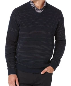 Perry Ellis Men's Big and Tall Striped V-Neck Sweater Pullover Dark Navy Sz 2XL - Picture 1 of 4