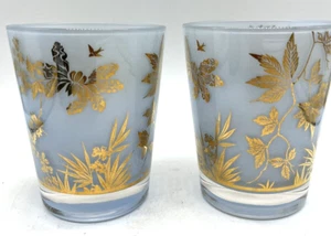 2 Vtg William Meier Double Old Fashioned Glasses Light Blue & Gold MCM Barware - Picture 1 of 10