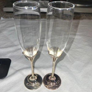 Waterford Ballet Ribbon Glass & Silver Toasting/Champagne Flutes Pair of 2 - Picture 1 of 8