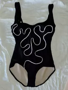 Vintage Original 1980s SLIMSUIT Swimsuit-Black W Decorative White Piping Sz 16 - Picture 1 of 9