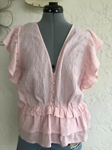 EXPRESS WOMEN'S LIGHT PINK FLUTTER SLEEVE BLOUSE V NECK RUFFLE FRONT SIZE L  - Picture 1 of 4