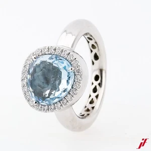 Anello 750/18K Oro Bianco 4ct Acquamarina Sfaccettato Diamanti 0,30ct - Valore - Foto 1 di 4