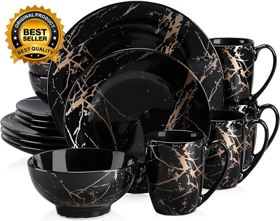 Juegos de platos y cuencos para 4 juegos de vajilla negros 16 piezas esmalte dorado salpicaduras ro Foto 1 de 4