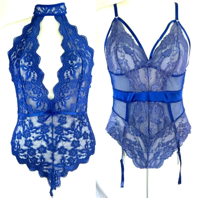 Lote de 2 Body de Encaje Azul Halter Babydoll Mini Peluche Prendas para Dormir Talla Grande Sexy Foto 1 de 4