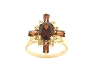 14K Yellow Gold Oval & Baguette Garnet Ring with Round DIamond Accents - Picture 1 of 6