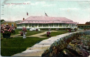1900s RI Postcard Casino Narragansett Pier Rhode Island Tent Roses American Flag - Picture 1 of 2