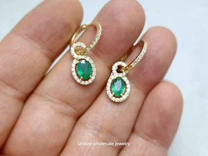 2.40ct Genuine Mined Emerald & Diamond Dangle Earrings In Solid 14K Yellow Gold - Picture 1 of 10