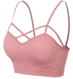 Strappy Criss Cross Bralette Solid Pink No Pad Seamless Workout Bra Crop Top OS - Picture 1 of 1