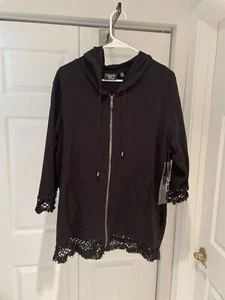 NWT Onque Casuals Black 3/4 Sleeve Zip Hooded Jacket W/ Fringe Trim Sz. 1X - Picture 1 of 10