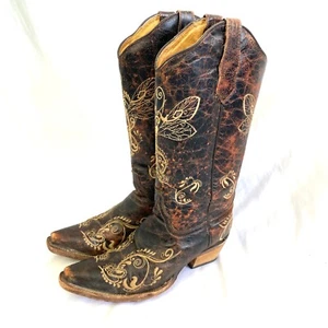 Circle G Size 8 Dragonfly Embroidered Brown Distressed Leather Snip Toe Boots - Picture 1 of 11