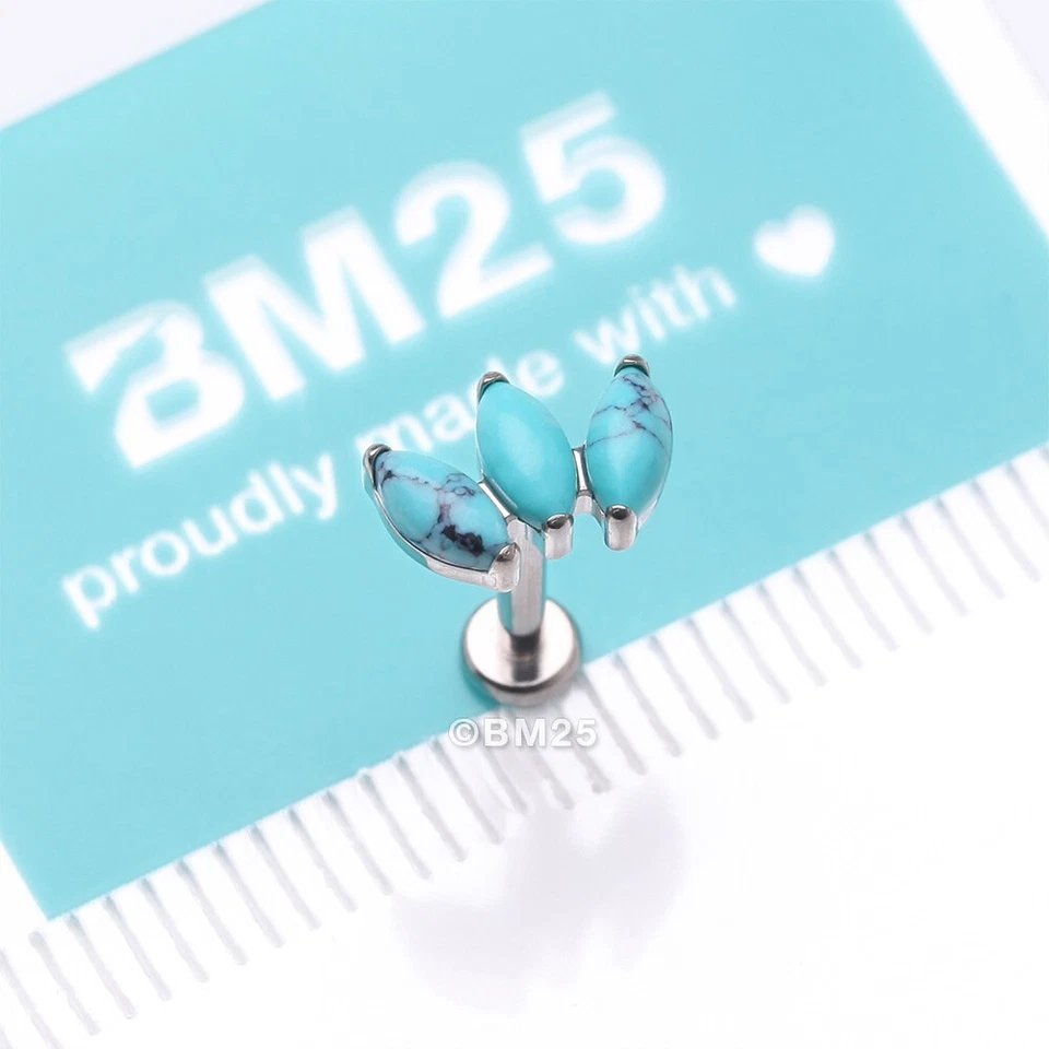 Implant Grade Titanium Triple Marquise Turquoise Internally Threaded Labret - Image 1 of 4