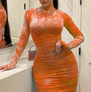 Damen Bedruckt Sexy Bodycon Kleid Langarm Rundhals Club Party Minikleider - Bild 1 von 13