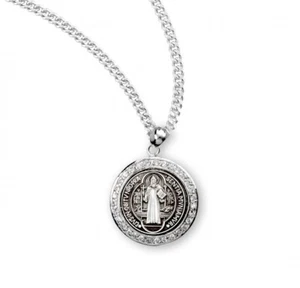 Saint Benedict Round Sterling Silver 0.9" Medal w/ Clear Zircons, Boxed, US made - Picture 1 of 4