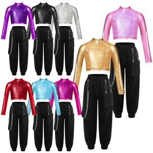 Kids Girls Sequins Hip Hop Jazz Gymnastics Crop Top with Cargo Pants Tracksuit - Picture 1 of 87