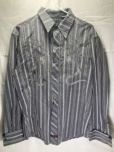 Fender Guitar Snake And Dagger Embroidered Long Sleeve Gray Striped Shirt Size M - Picture 1 of 16
