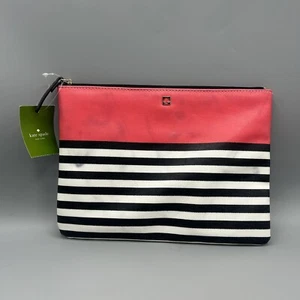 Kate Spade Makeup Bag Pink Black White Striped 10x7” - Picture 1 of 6