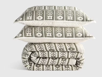 Nuevo sin etiquetas Quince Full Queen Floral Jacquard Algodón Orgánico Salvia Foto 1 de 3