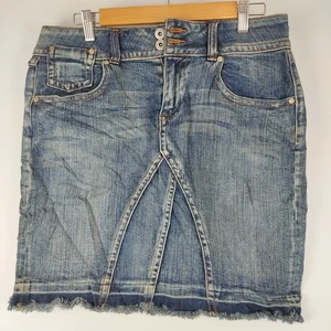 Falda recta de mezclilla Jeunique para mujer talla 11 azul algodón elástico dobladillo deshilachado - Imagen 1 de 9