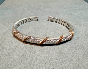 Judith Ripka 925 Sterling Silver Gold Accented Hinged Cuff Bracelet Jewelry 7" - Picture 1 of 21