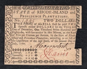 JULY 2, 1780 $2 TWO DOLLARS RHODE ISLAND COLONIAL CURRENCY NOTE - Picture 1 of 2