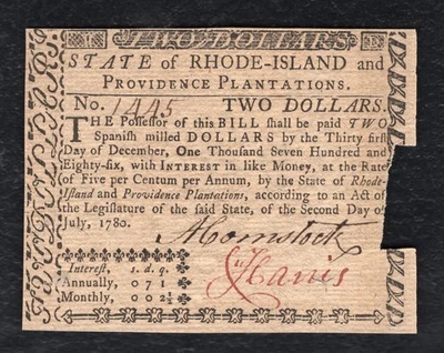 JULY 2, 1780 $2 TWO DOLLARS RHODE ISLAND COLONIAL CURRENCY NOTE - Image 1 of 2