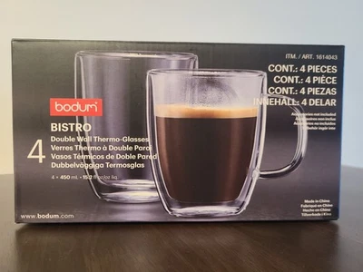 Bodum Bistro Double Wall Glasses with handle, 450mL (15.2 fl oz) Pack of 4 NEW - Image 1 of 2