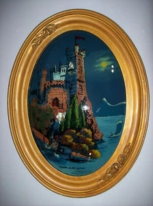 Antiguo castillo de vidrio convexo pintado al revés 1917 en Bélgica, marco de madera tallada - Imagen 1 de 16