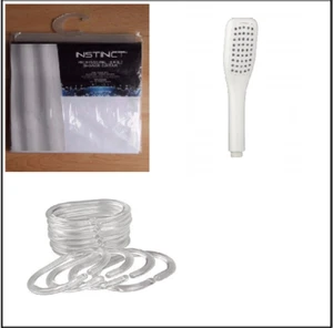 Instinct Professional White Shower Head c/w Curtain (1810 x 180cm) & Rings - NEW - Foto 1 di 10