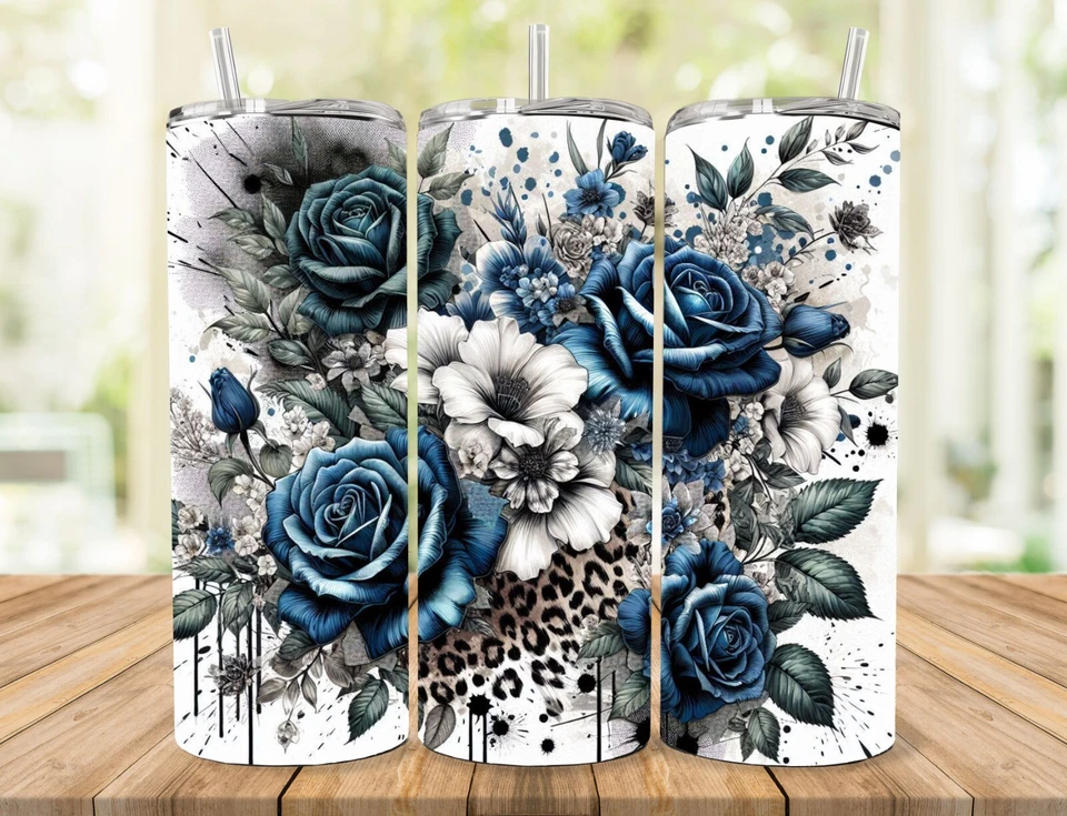 BLUE ROSES WHITE FLOWERS 20 OZ TUMBLER STAINLESS STEAL W/ STRAW - Image 1 of 1