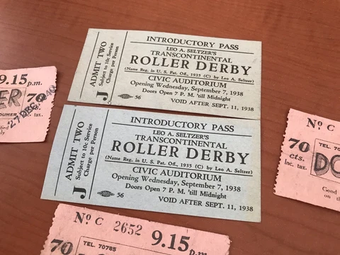 Vintage 1938 ROLLER DERBY Ticket Pair Leo Seltzer’s Transcontinental Doumer Film Cover