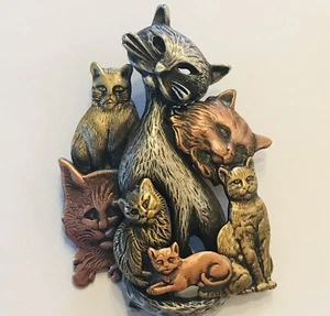 Cat Menagerie Brooch Pin Mixed Metal Tones Silver Gold Copper Figural 3D 1.5”x2” - Picture 1 of 5