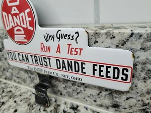 VINTAGE DANDE PORCELAIN SIGN OHIO FARM COW FEED CORN BARN TRACTOR KEY HOOK - Picture 1 of 12