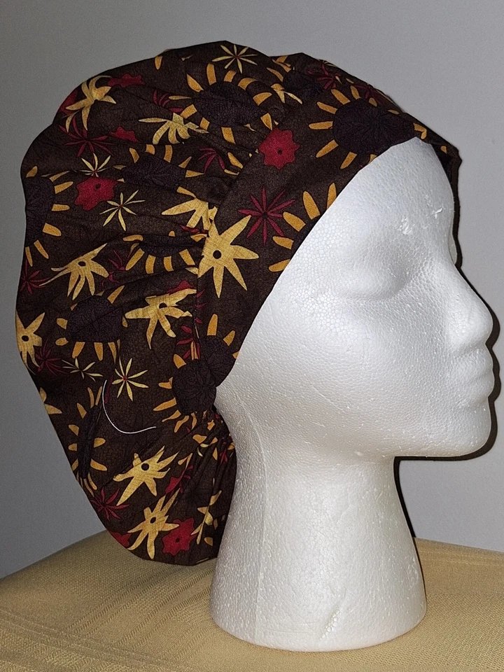 Circle Burst on Brown Medical Surgical Bouffant Scrub Hat MEDIUM - Image 1 of 2