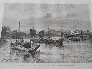 Gravure 1890 - Tonkin La flottille de sampans redescendant la rivière Claire - Imagen 1 de 1